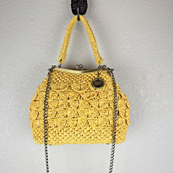 Patricia Nash Laureana Frame Satchel Yellow Woven Scallop Raffia Straw Crossbody - Picture 1 of 11